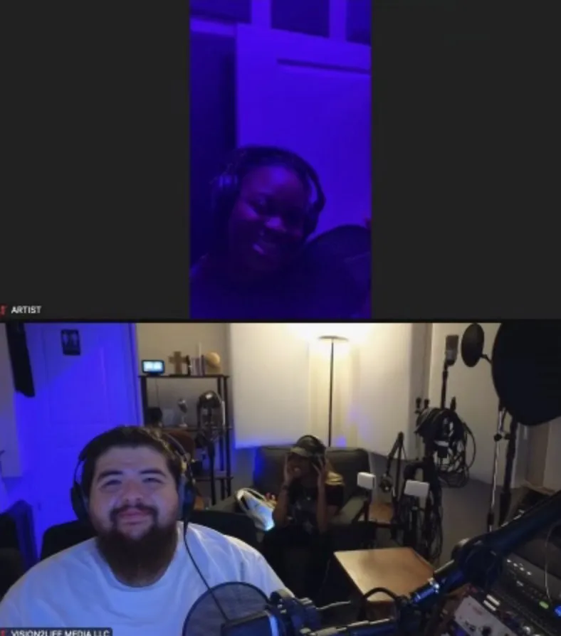 Screenshot from a video call in the studio