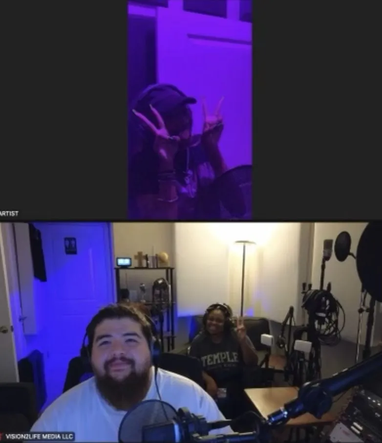 Screenshot from a video call in the studio