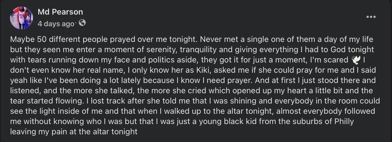 Marvin’s Facebook post about his night at church