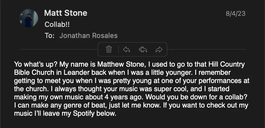 Matthew Stone’s first message to Jonathan asking to connect
